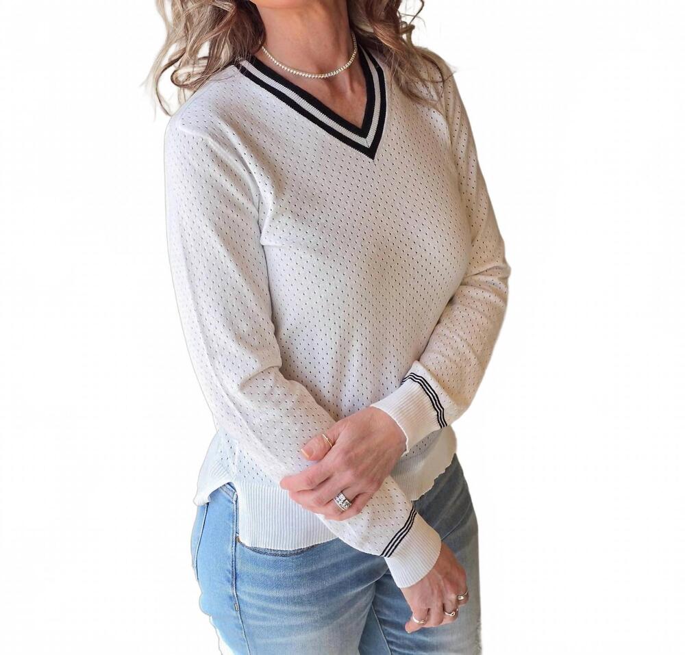 NEW PURE AMICI women's perforated v-neck sweater in white